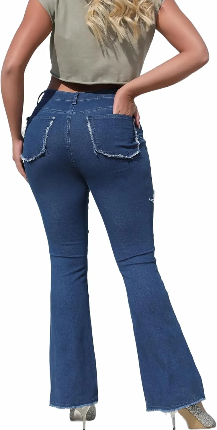THUNDER STAR Women Patchwork Flare Jeans Stretch High Waisted Bell Bottom Raw Hem Denim Pants