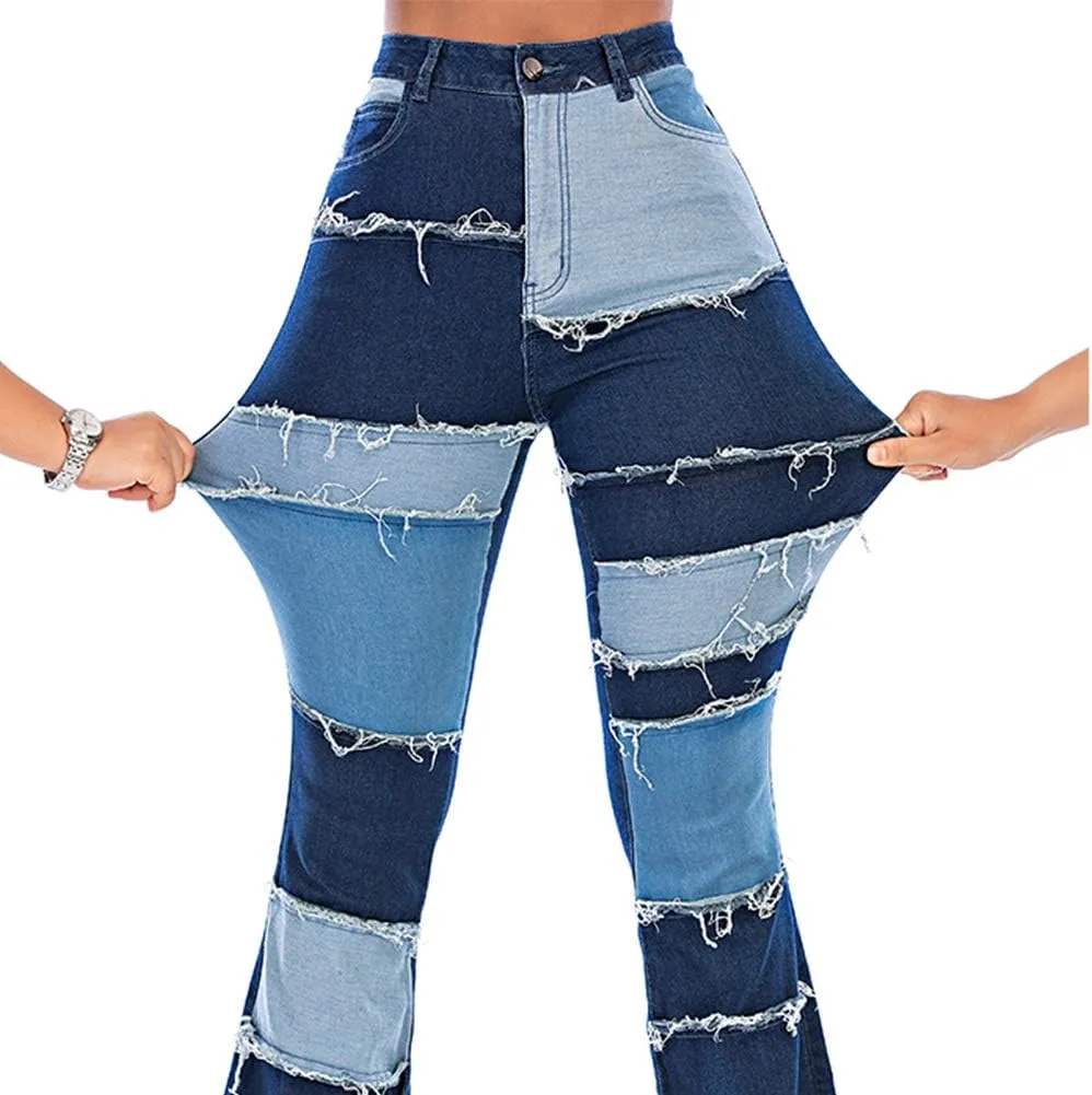 THUNDER STAR Women Patchwork Flare Jeans Stretch High Waisted Bell Bottom Raw Hem Denim Pants
