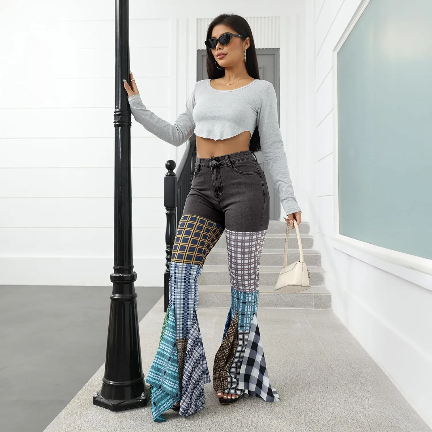 ThusFar Women High Waist Patchwork Flare Jeans Plaid Bell Bottom Ruffle Hem Denim Long Pants Trousers