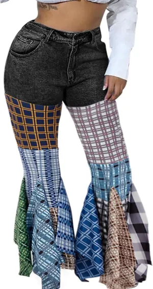 ThusFar Women High Waist Patchwork Flare Jeans Plaid Bell Bottom Ruffle Hem Denim Long Pants Trousers