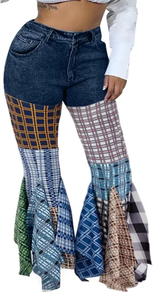 ThusFar Women High Waist Patchwork Flare Jeans Plaid Bell Bottom Ruffle Hem Denim Long Pants Trousers