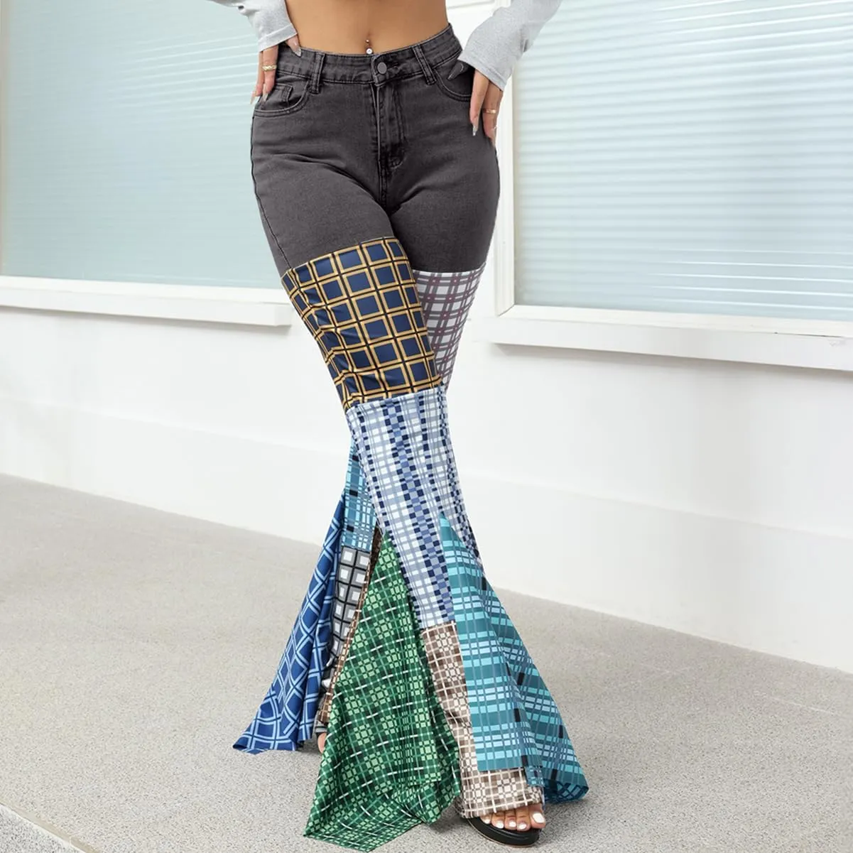ThusFar Women High Waist Patchwork Flare Jeans Plaid Bell Bottom Ruffle Hem Denim Long Pants Trousers