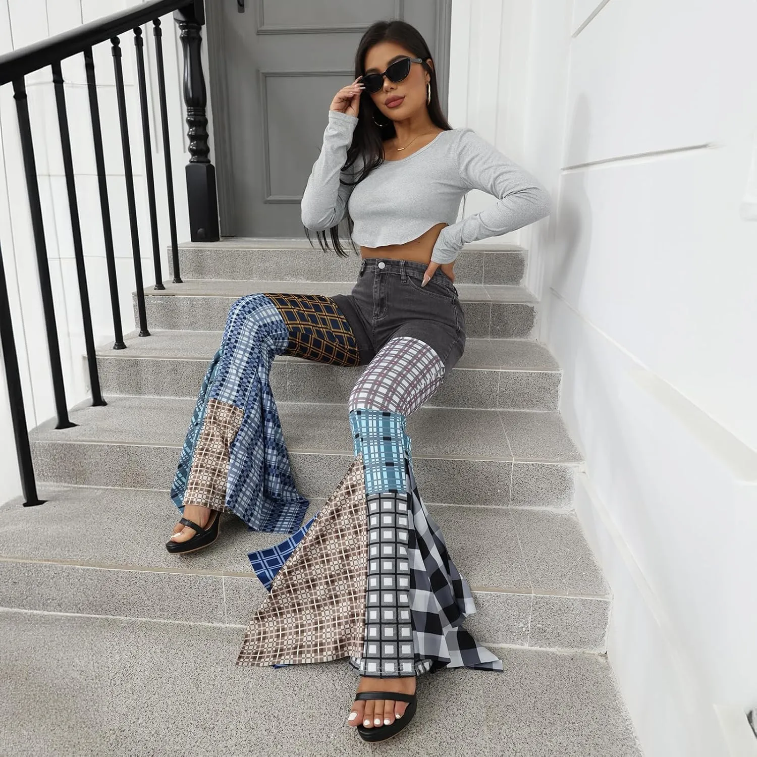 ThusFar Women High Waist Patchwork Flare Jeans Plaid Bell Bottom Ruffle Hem Denim Long Pants Trousers