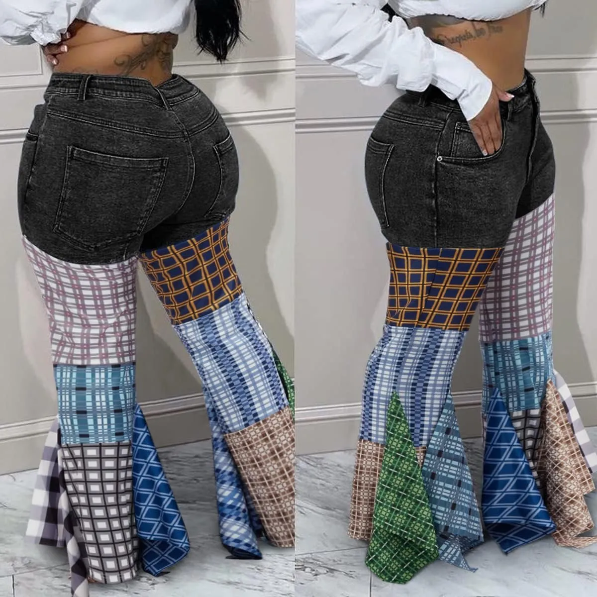ThusFar Women High Waist Patchwork Flare Jeans Plaid Bell Bottom Ruffle Hem Denim Long Pants Trousers
