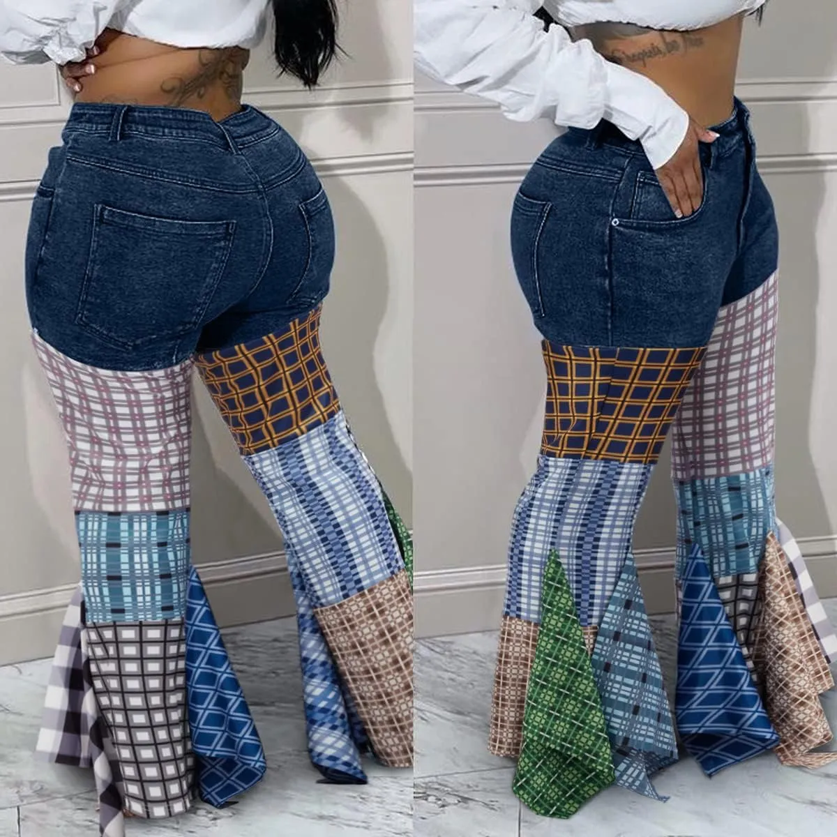 ThusFar Women High Waist Patchwork Flare Jeans Plaid Bell Bottom Ruffle Hem Denim Long Pants Trousers