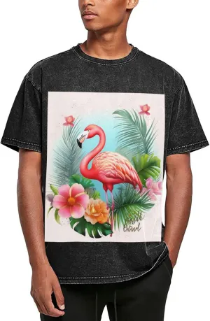 Tropical Flamingo Mens Oversized T Shirts Vintage Cotton Short Sleeves Casual Summer Tee Washed Unisex Tops