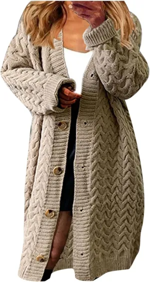 tuduoms Long Cardigans Women's Winter Chunky Knit Cardigan Sweaters Warm Thicken Button Down Long Overcoat Sweater Jackets