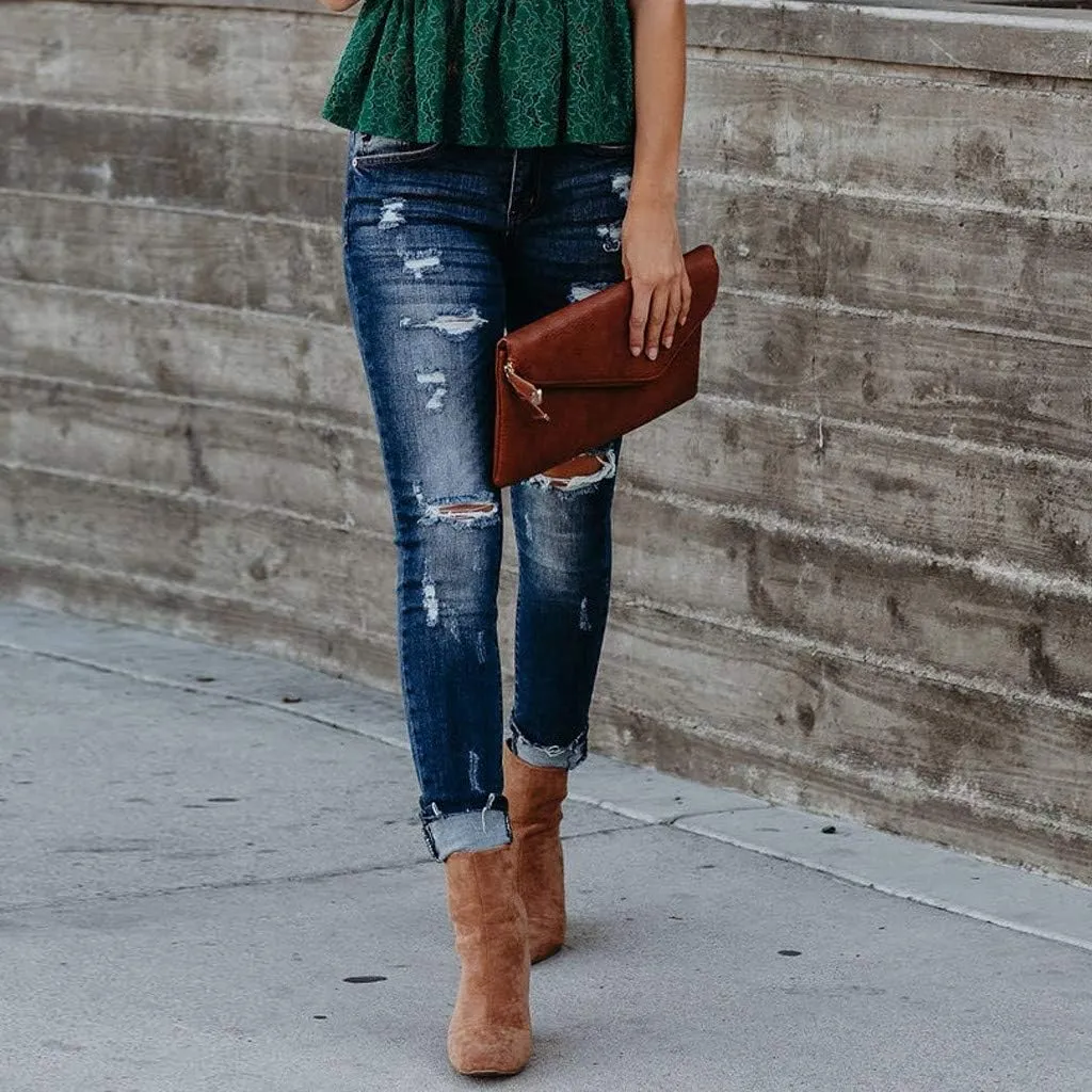 Tummy Control Jeans, Women's Casual Loose Ripped Denim Pants Distressed Wide Leg Jeans