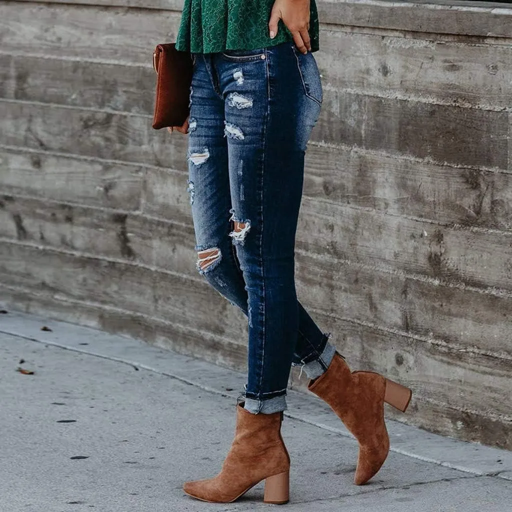 Tummy Control Jeans, Women's Casual Loose Ripped Denim Pants Distressed Wide Leg Jeans