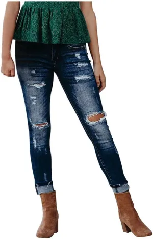 Tummy Control Jeans, Women's Casual Loose Ripped Denim Pants Distressed Wide Leg Jeans
