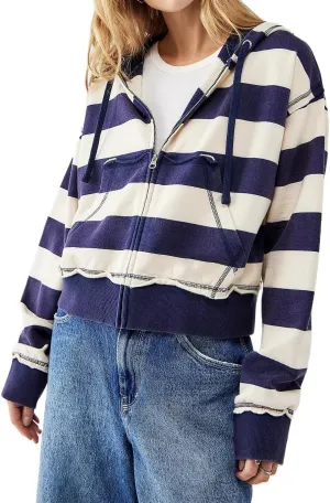 UAURORAO Striped Zip Up Hoodie Y2k for Women Long Sleeve Full Zip Sweatshirt Jacket Color Block Oversized Cropped Hoodie
