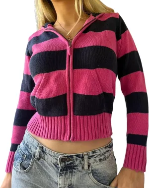 UAURORAO Striped Zip Up Hoodie Y2k for Women Long Sleeve Full Zip Sweatshirt Jacket Color Block Oversized Cropped Hoodie
