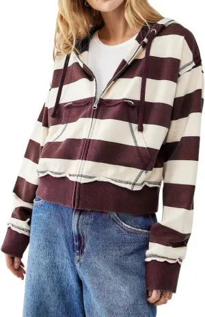UAURORAO Striped Zip Up Hoodie Y2k for Women Long Sleeve Full Zip Sweatshirt Jacket Color Block Oversized Cropped Hoodie