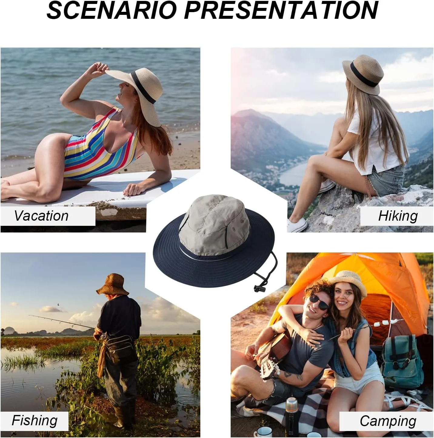 Unisex Two-Tone Bucket Hat Wide Brim Sun Hat UPF 50  Adjustable Chin Strap Breathable Mesh Packable Boonie Hat