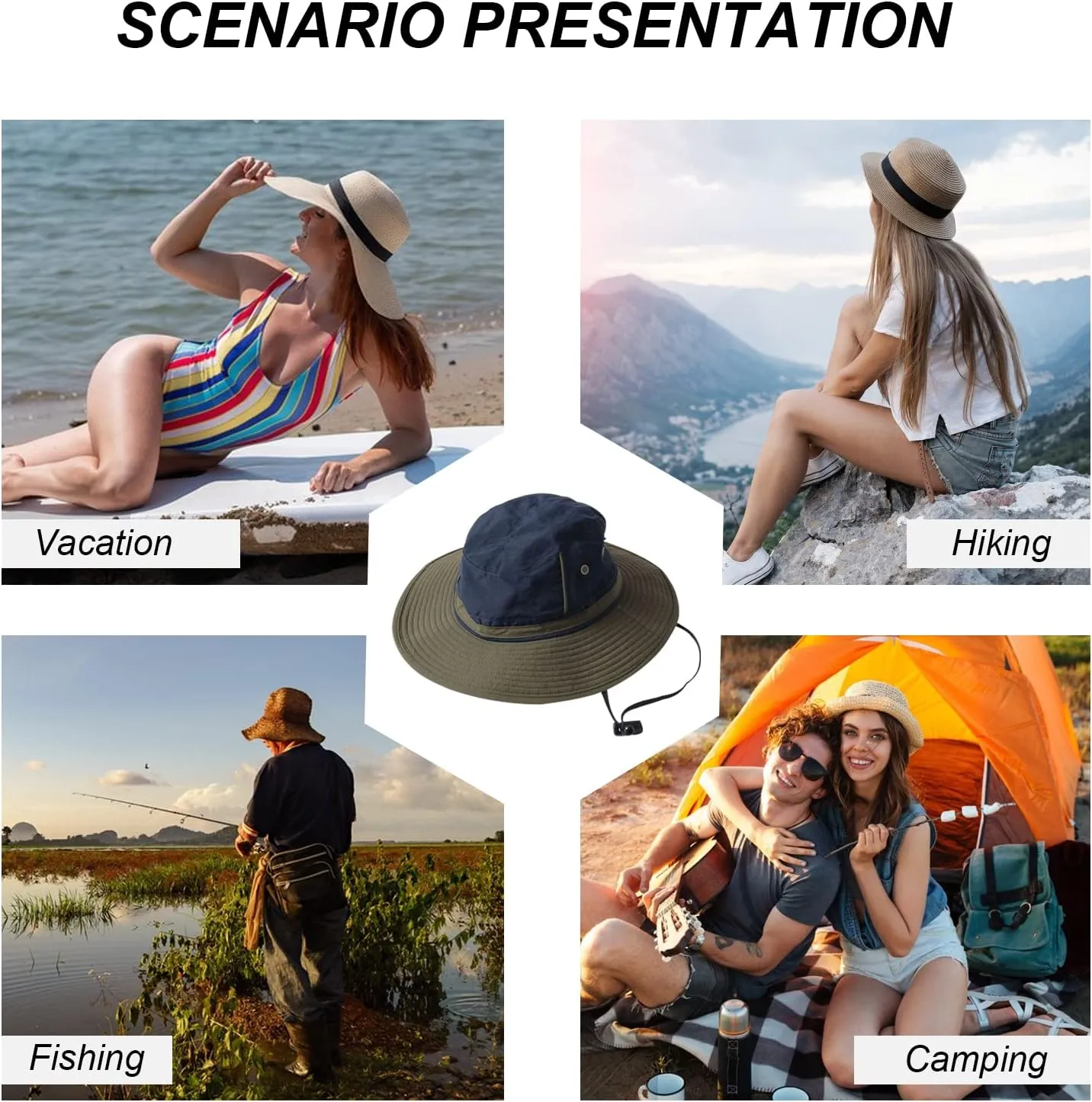 Unisex Two-Tone Bucket Hat Wide Brim Sun Hat UPF 50  Adjustable Chin Strap Breathable Mesh Packable Boonie Hat