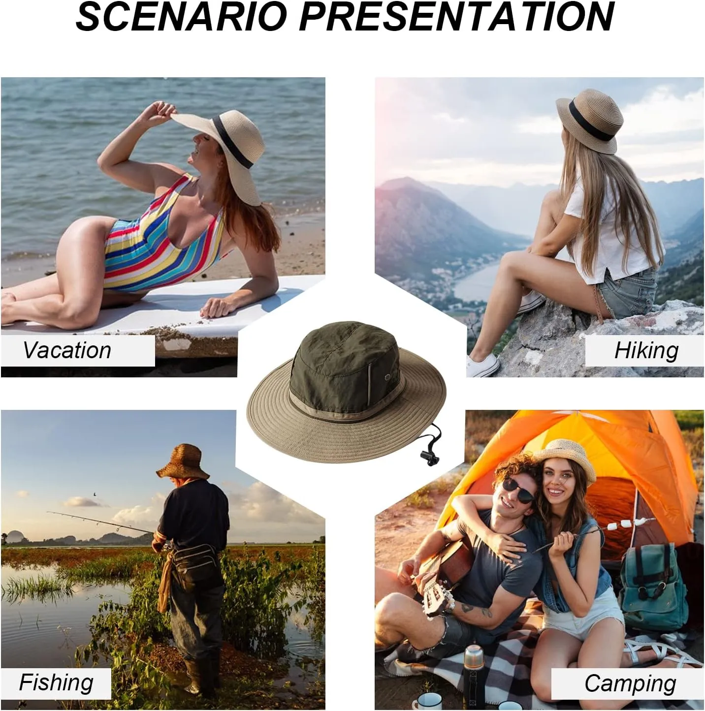 Unisex Two-Tone Bucket Hat Wide Brim Sun Hat UPF 50  Adjustable Chin Strap Breathable Mesh Packable Boonie Hat
