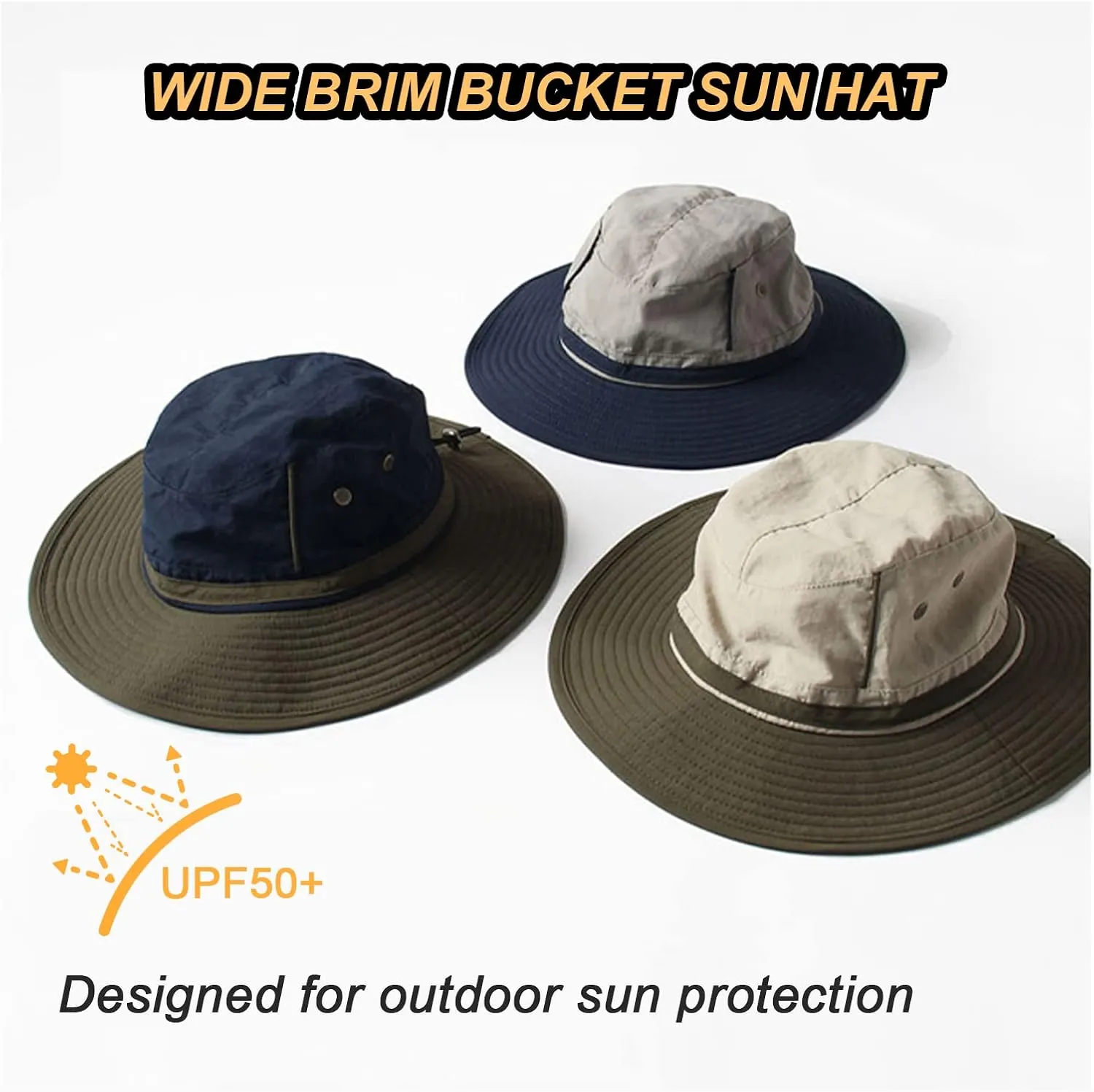 Unisex Two-Tone Bucket Hat Wide Brim Sun Hat UPF 50  Adjustable Chin Strap Breathable Mesh Packable Boonie Hat