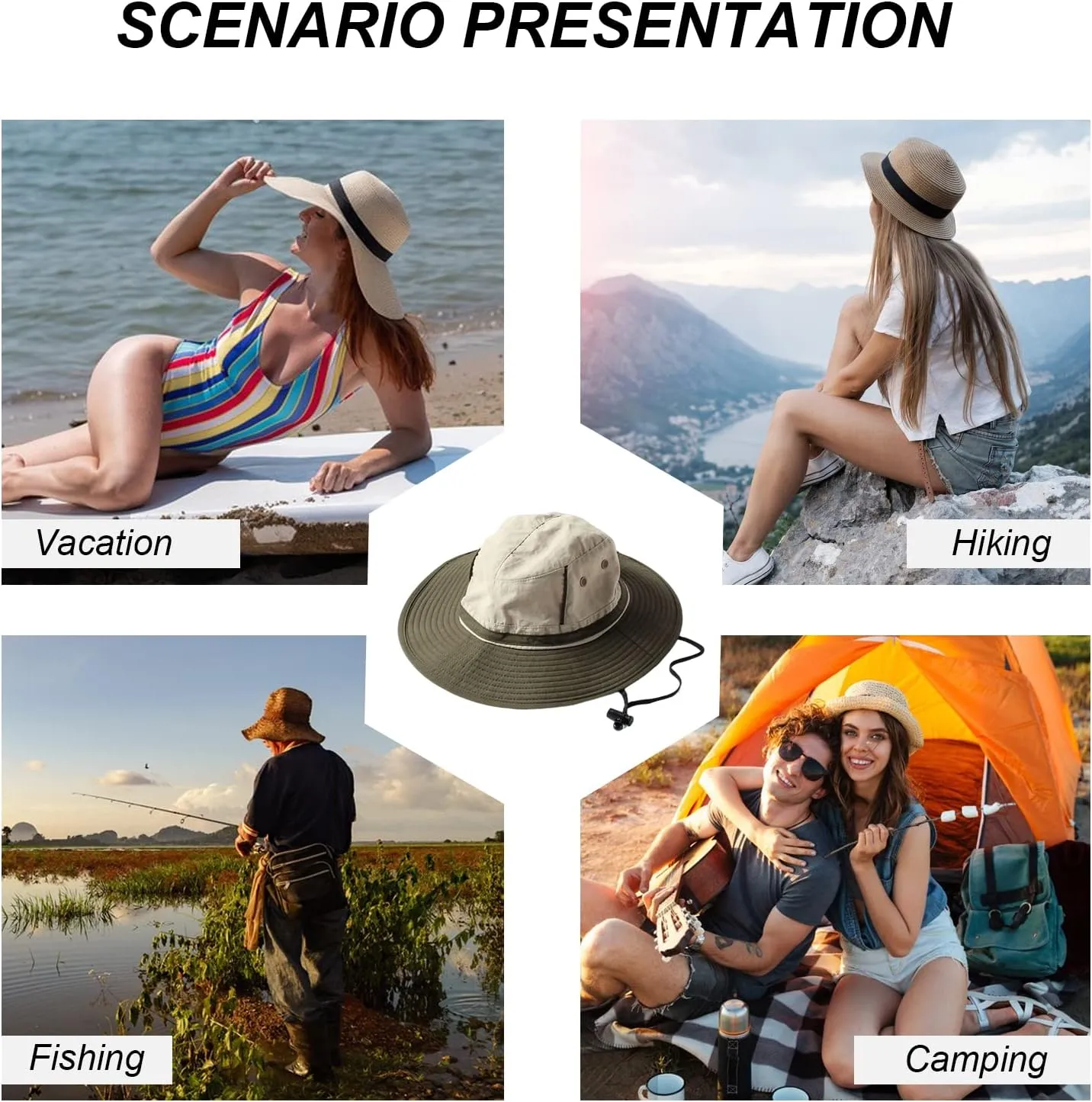 Unisex Two-Tone Bucket Hat Wide Brim Sun Hat UPF 50  Adjustable Chin Strap Breathable Mesh Packable Boonie Hat