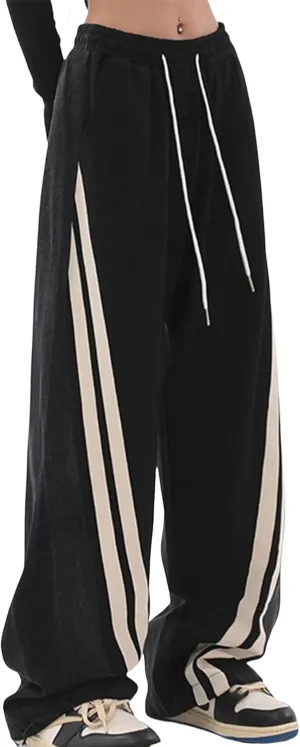 Unybwonn Women Patchwork Sweatpant Jeans Two Tone Striped High Waist Baggy Cargo Pants Straight Wide Leg Y2k Trousers