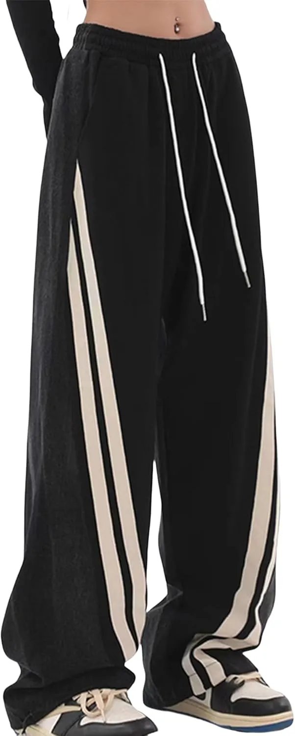Unybwonn Women Patchwork Sweatpant Jeans Two Tone Striped High Waist Baggy Cargo Pants Straight Wide Leg Y2k Trousers