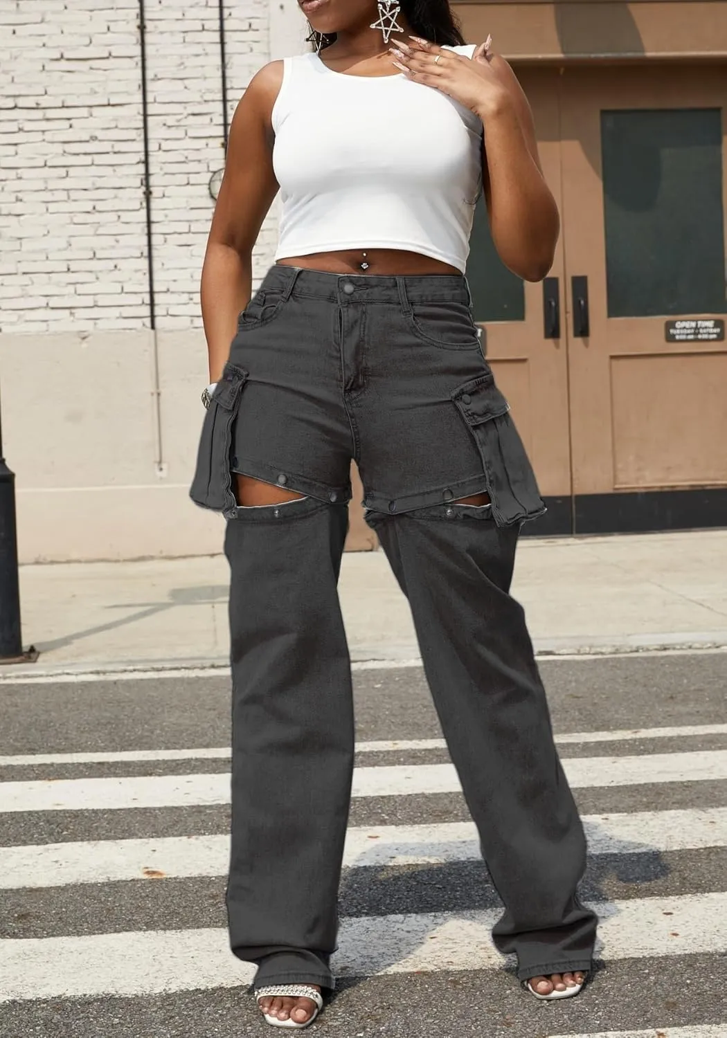 Vaceky Women's Cargo Jeans & Denim Shorts Baggy Straight Leg Patchwork Buttons Convertible Pants