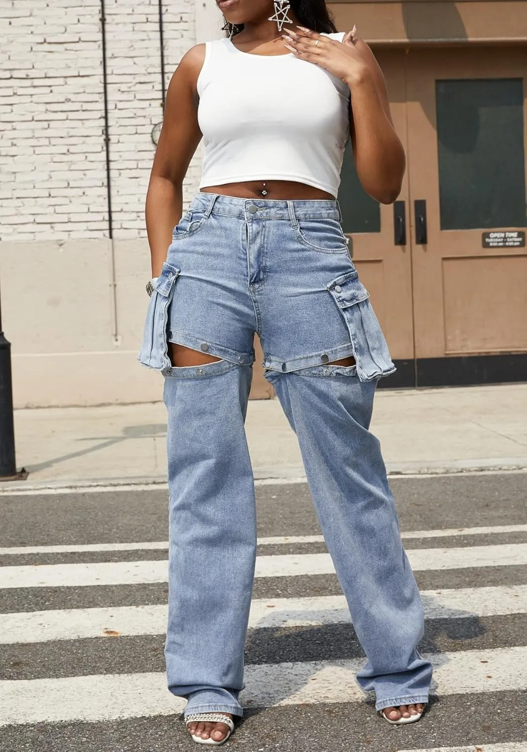 Vaceky Women's Cargo Jeans & Denim Shorts Baggy Straight Leg Patchwork Buttons Convertible Pants