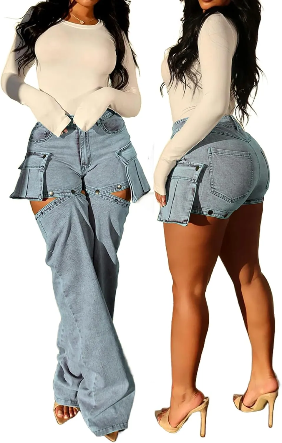 Vaceky Women's Cargo Jeans & Denim Shorts Baggy Straight Leg Patchwork Buttons Convertible Pants