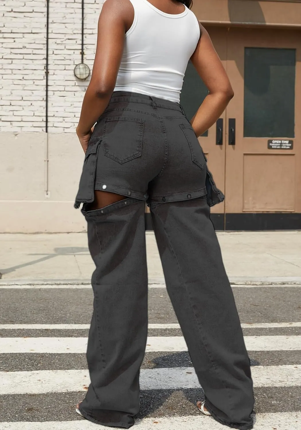 Vaceky Women's Cargo Jeans & Denim Shorts Baggy Straight Leg Patchwork Buttons Convertible Pants
