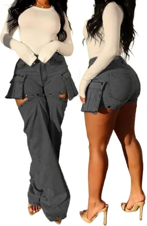Vaceky Women's Cargo Jeans & Denim Shorts Baggy Straight Leg Patchwork Buttons Convertible Pants