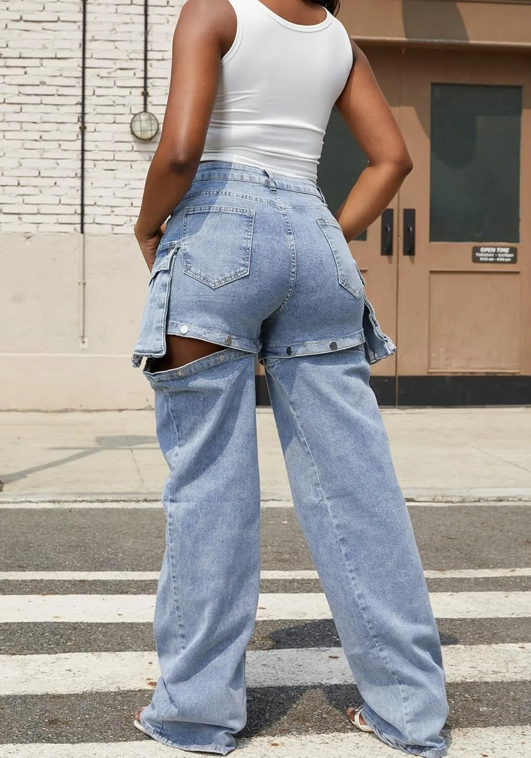 Vaceky Women's Cargo Jeans & Denim Shorts Baggy Straight Leg Patchwork Buttons Convertible Pants