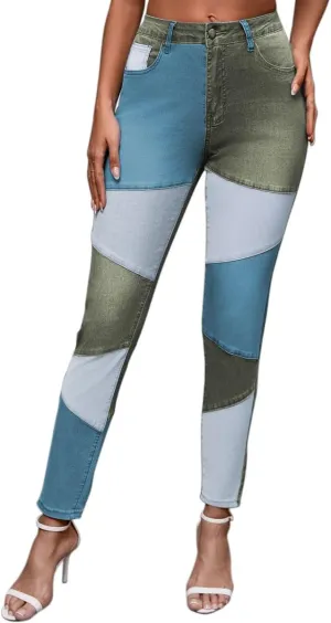 vanberfia High Waisted Jeans for Women: Skinny Denim Patchwork Stretch Pants for Various Occasions