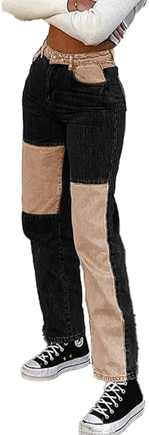 Viatabuna Patchwork Jeans for Women High Waisted Straight Leg Stretch Denim Pants Girls Fashion Color Block Patch Jeans