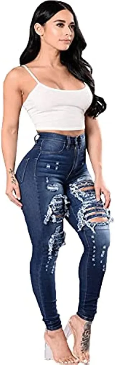 Vintage High Waist Women's Ripped Skinny Jeans - Long Length, Slim Fit, Distressed Design