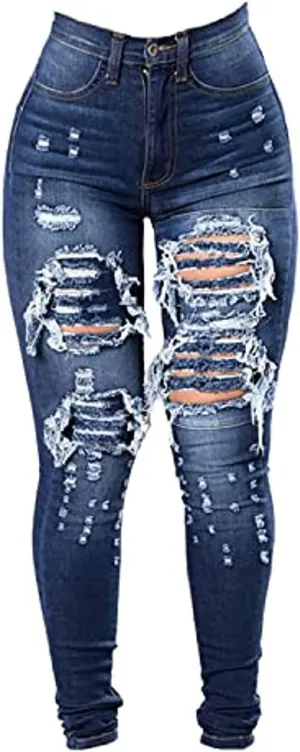 Vintage High Waist Women's Ripped Skinny Jeans - Long Length, Slim Fit, Distressed Design