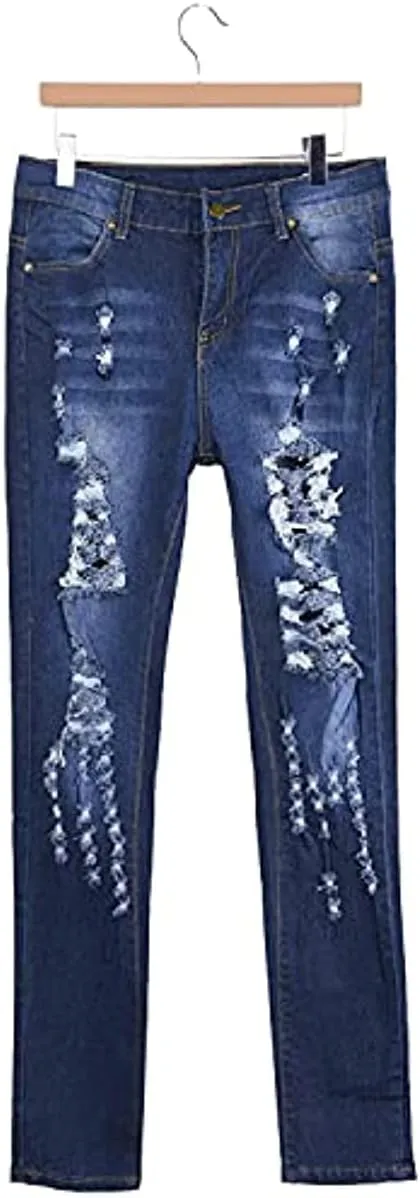 Vintage High Waist Women's Ripped Skinny Jeans - Long Length, Slim Fit, Distressed Design
