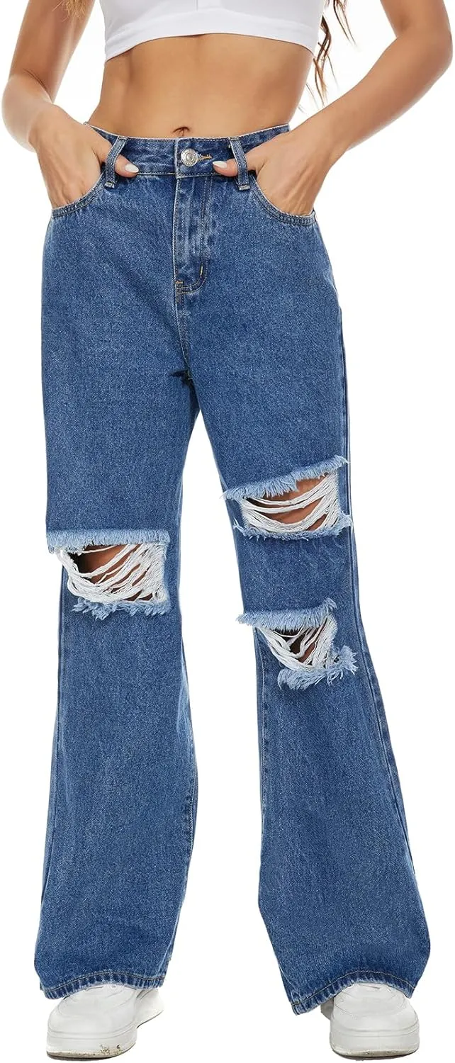 VIPONES Womens Wide Leg Jeans High Waist Baggy Denim Pants Distressed Loose Ripped Boyfriends Jeans Y2K