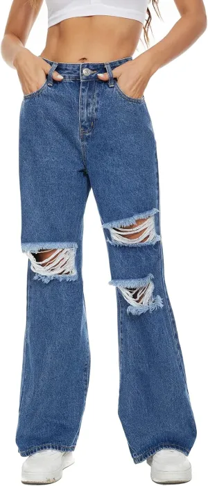 VIPONES Womens Wide Leg Jeans High Waist Baggy Denim Pants Distressed Loose Ripped Boyfriends Jeans Y2K