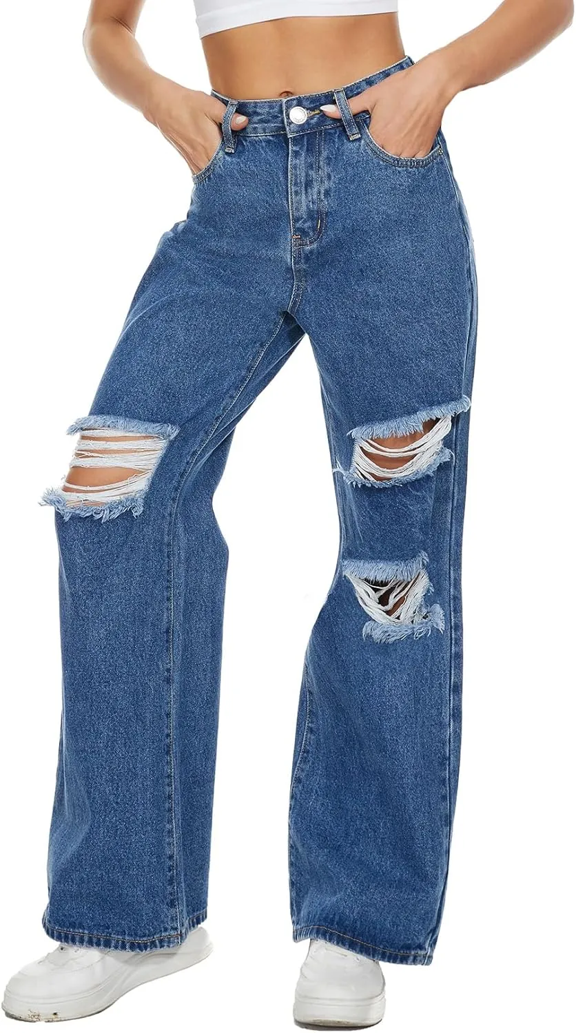 VIPONES Womens Wide Leg Jeans High Waist Baggy Denim Pants Distressed Loose Ripped Boyfriends Jeans Y2K