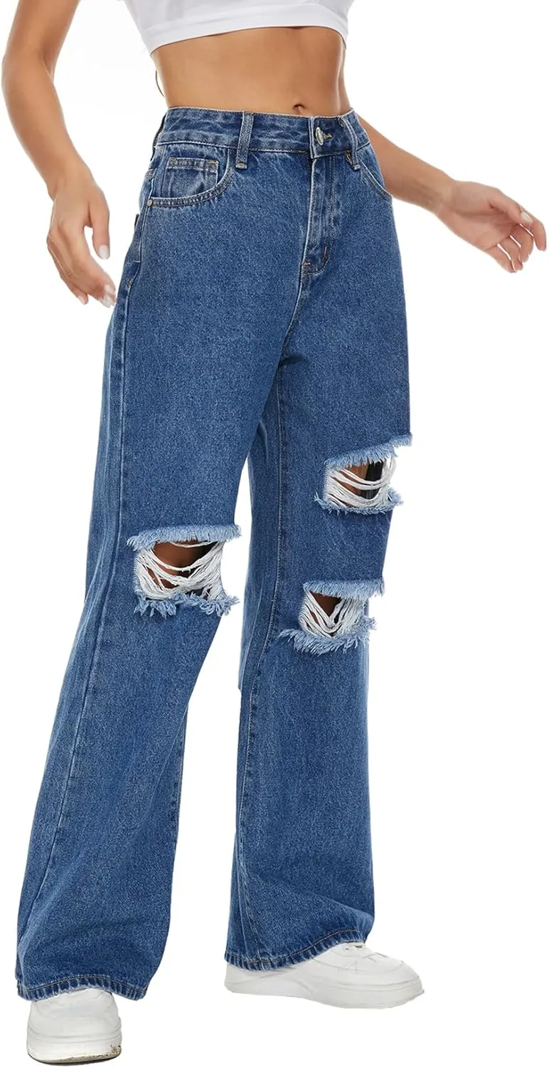 VIPONES Womens Wide Leg Jeans High Waist Baggy Denim Pants Distressed Loose Ripped Boyfriends Jeans Y2K