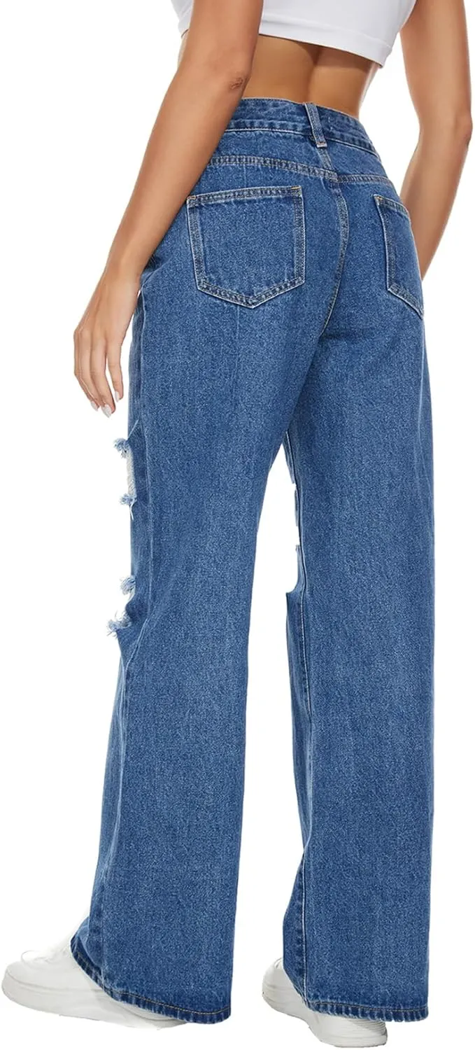 VIPONES Womens Wide Leg Jeans High Waist Baggy Denim Pants Distressed Loose Ripped Boyfriends Jeans Y2K