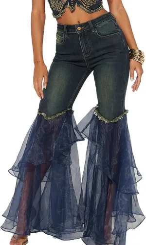 VOIKERDR Jeans for Women Stretch High Waisted Jeans Shorts Patchwork Mesh Flare Bottom Pants Y2K