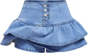 WDIRARA Women's High Waisted Layered Ruffle Denim Skirt Jean Shorts