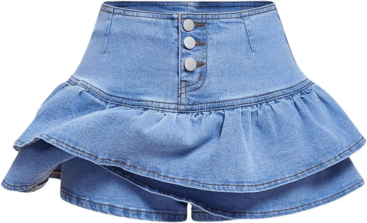 WDIRARA Women's High Waisted Layered Ruffle Denim Skirt Jean Shorts