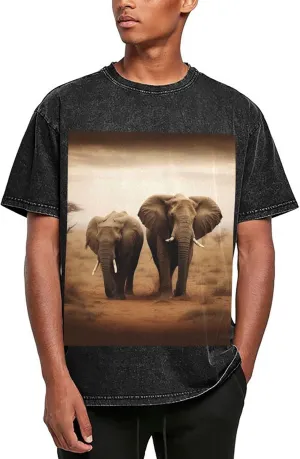 Wild Animals Elephants Mens Oversized T Shirts Vintage Cotton Short Sleeves Casual Summer Tee Washed Unisex Tops