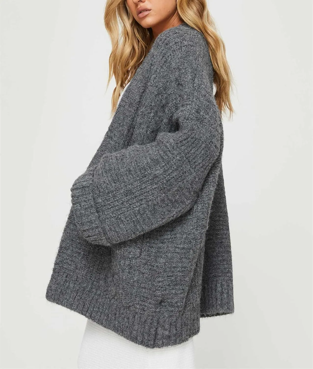 Winioder Chunky Long Cardigan Sweaters for Women Open Front Puff Long Sleeve Cable Knit Oversized Sweater Coat with Pockets