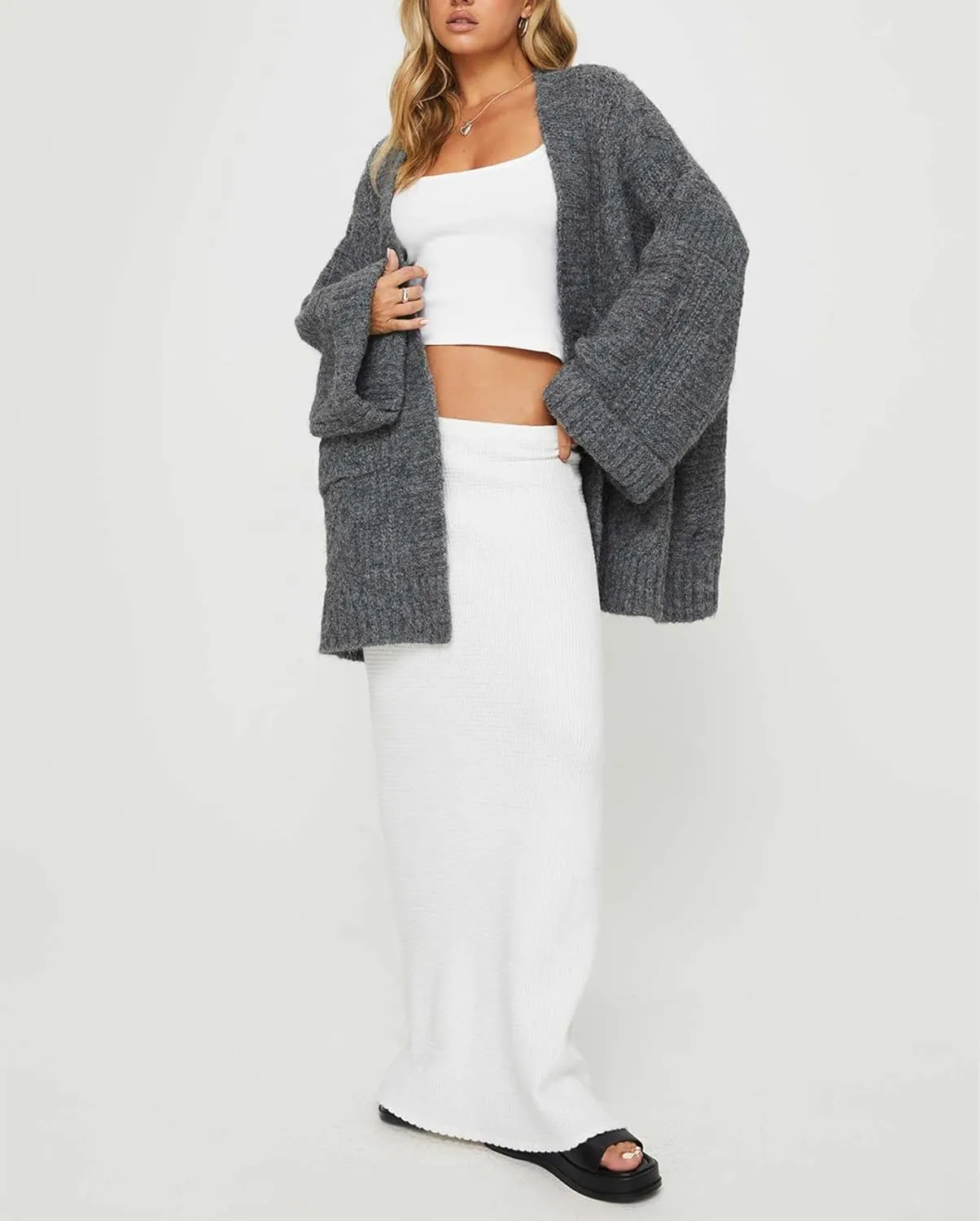 Winioder Chunky Long Cardigan Sweaters for Women Open Front Puff Long Sleeve Cable Knit Oversized Sweater Coat with Pockets