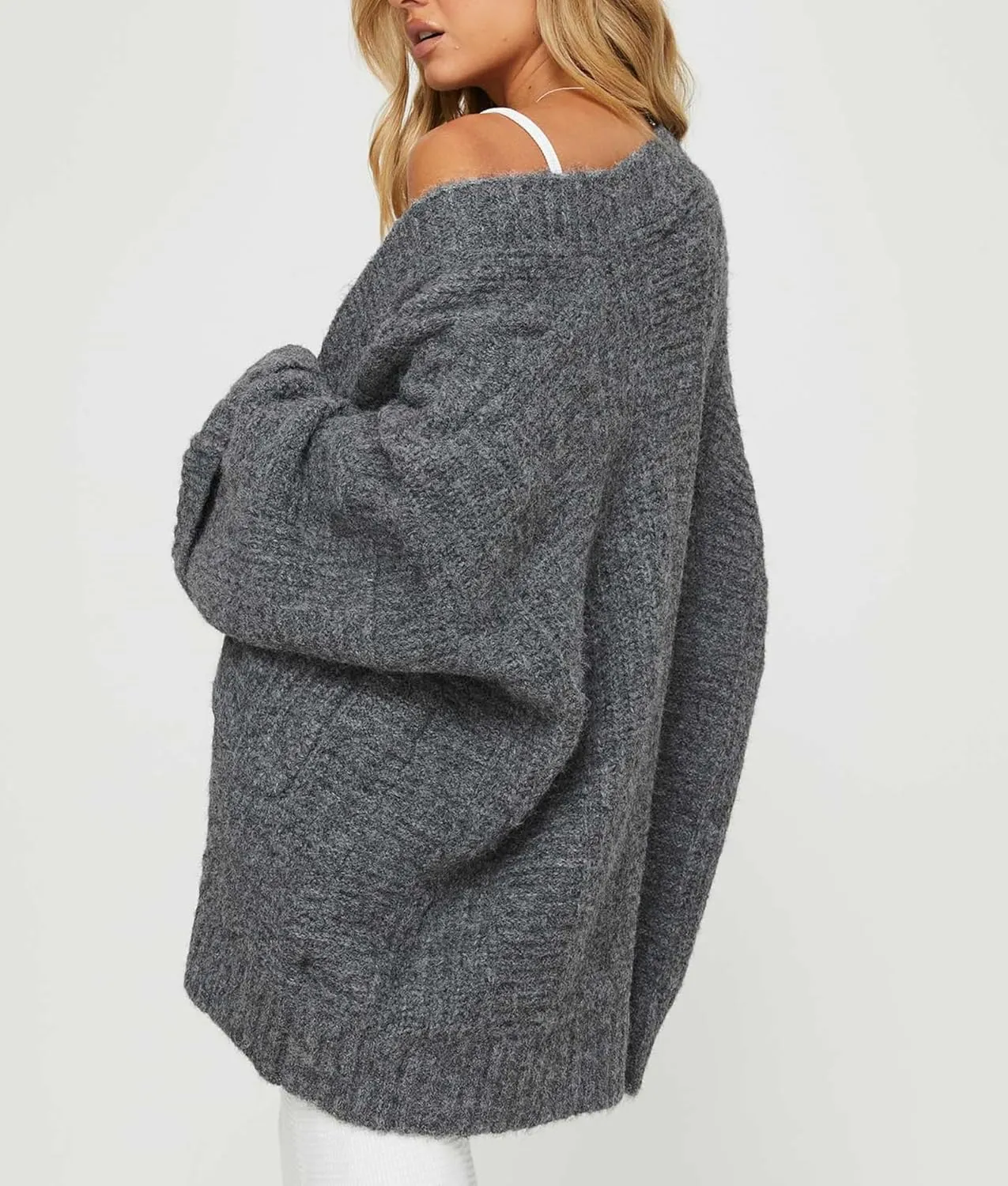 Winioder Chunky Long Cardigan Sweaters for Women Open Front Puff Long Sleeve Cable Knit Oversized Sweater Coat with Pockets