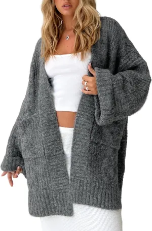 Winioder Chunky Long Cardigan Sweaters for Women Open Front Puff Long Sleeve Cable Knit Oversized Sweater Coat with Pockets