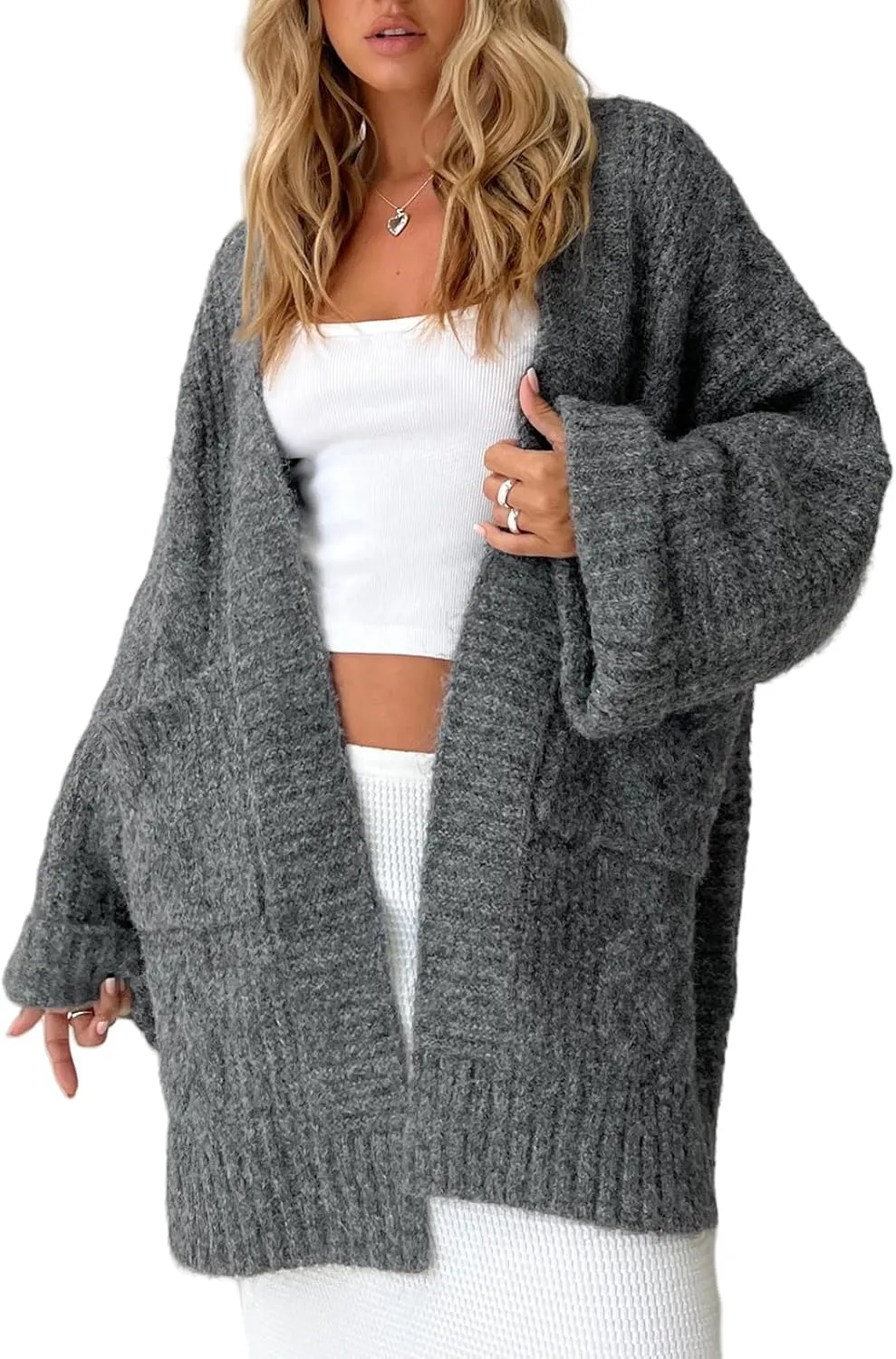 Winioder Chunky Long Cardigan Sweaters for Women Open Front Puff Long Sleeve Cable Knit Oversized Sweater Coat with Pockets