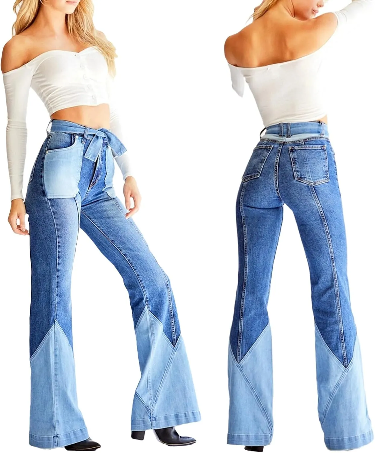 Women 70s Vintage High Waisted Stretchy Patchwork Denim Flare Pants Jeans with Belt Pockets